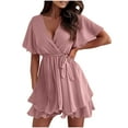 thumbnail image 2 of qolati Summer Dresses for Women 2025 Deep V-Neck Double Layer Ruffle Hem Mini Dresses Short Flare Sleeves Waist Tie Party Cocktail Dress, 2 of 8