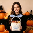 thumbnail image 5 of Twfbrm Halloween Trick or Treat Candy Bags, Buffalo Plaid Fabric Goodie Baskets with Handle and Bow, Portable Handheld Pumpkin Snack Pails, Large Capacity Reusable Tote Bags for Party Favors, 5 of 7