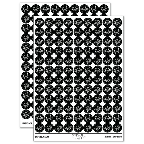 Saturn Planet with Rings and Stars 200  Round Stickers - Black - Gloss Finish - 0.50" Size