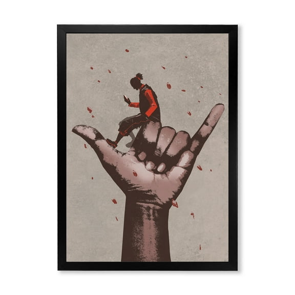 Designart 'Man Using Mobile Phone With Call Me Sign' Modern Framed Art Print