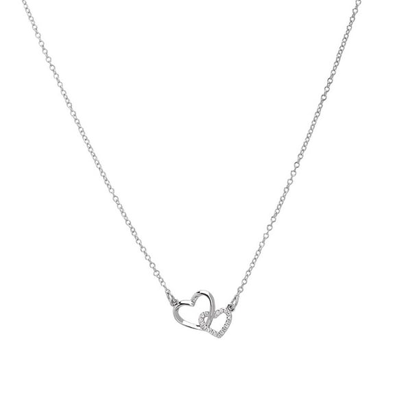 CILENON Gemstone Necklace Women Double Heart Love Simple Fashion Female Collar Chain Valentine'S Day Gift (Silver,One Size)