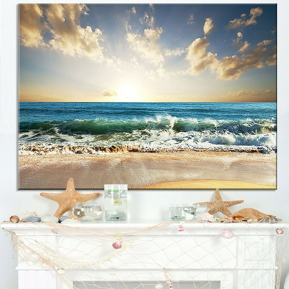 Design Art Cloudy Sky And Vibrant Blue Sea Seashore Canvas Wall Art