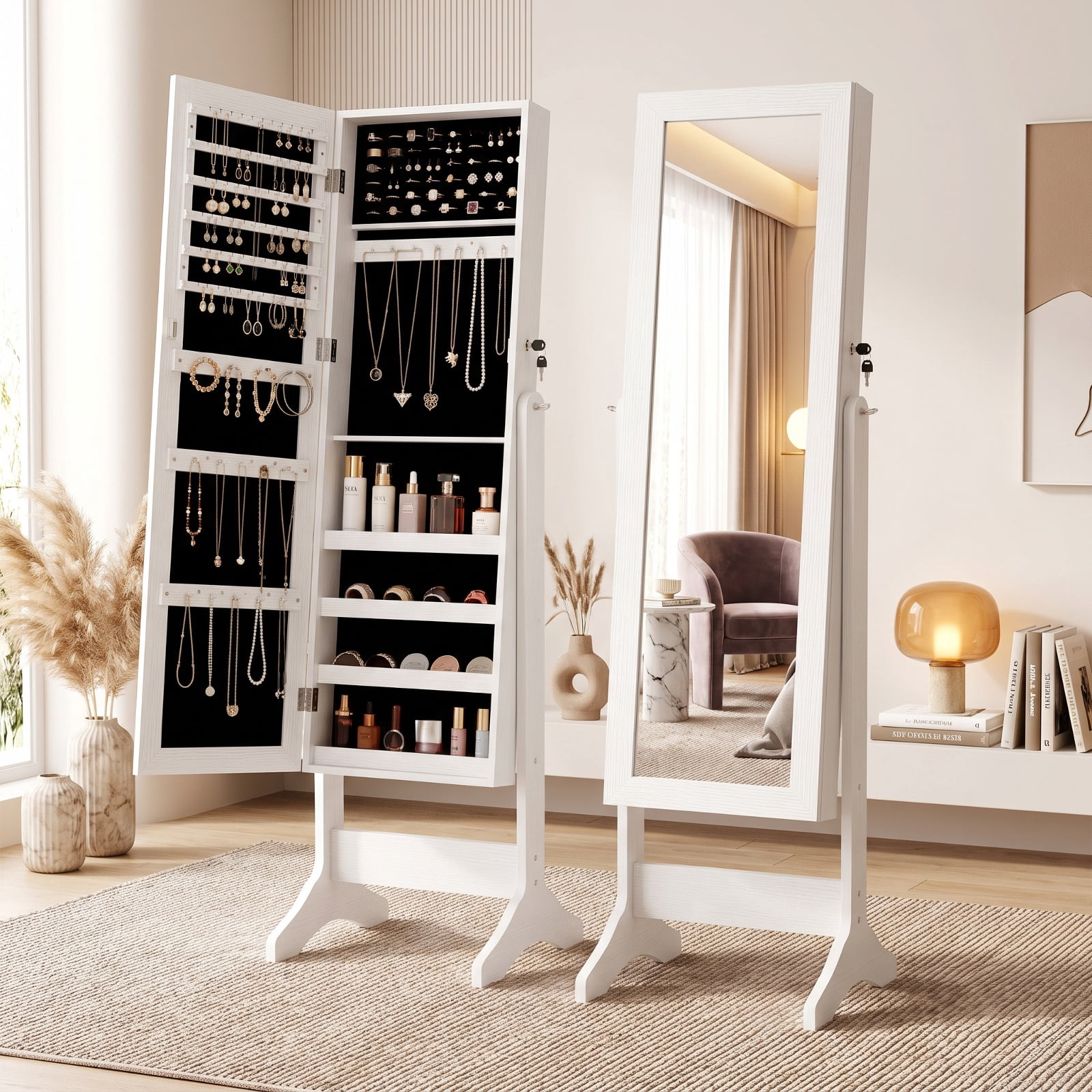 Furnibear Freestanding Jewelry Armoire with Velvet Lining and Full Length Mirror for Bedroom Dressing Room Jewelry Necklace Rings Storage, White