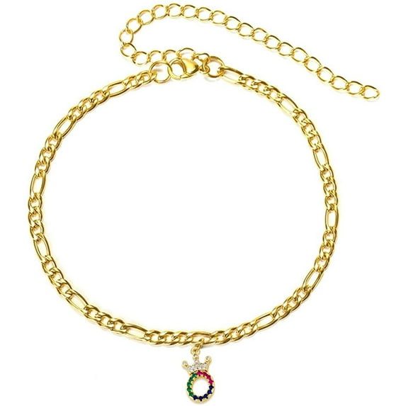 Giorgio Bergamo Stainless Steel Yellow Gold Plated 4mm Figaro Link Anklet, Rainbow Crown Initial A - Z Cubic Zirconia Letter Alphabet Ankle Bracelet Gold, O