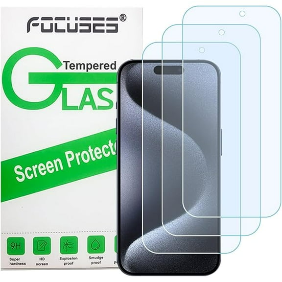 Focus Anti Blue Light Screen Protector for iPhone 15 Pro & iPhone 15 - 3 Pack Tempered Glass Film