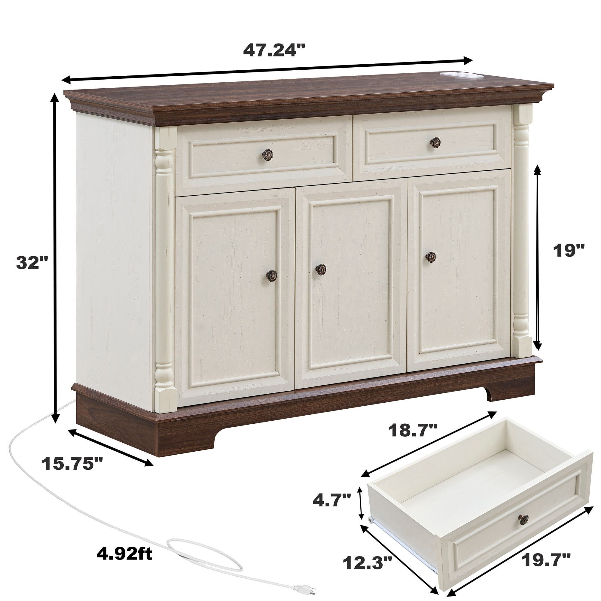 AENKYO Farmhouse Buffet Cabinet with Storage and Charging Station, Rustic Sideboard for Dining or Living Room, Antique White
