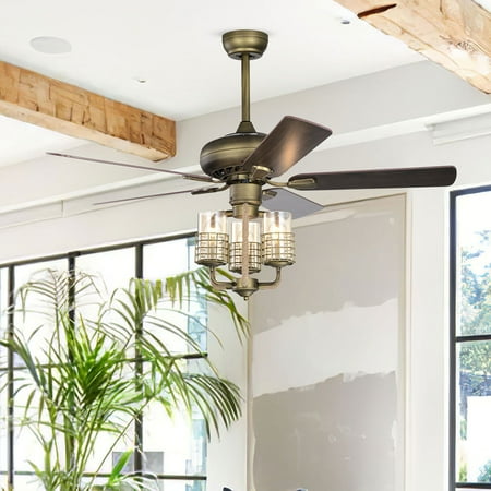 

Cterwk 52 Metal 3 Lights Ceiling Fan with 5 Wood Blades Remote Control Adjustable Height