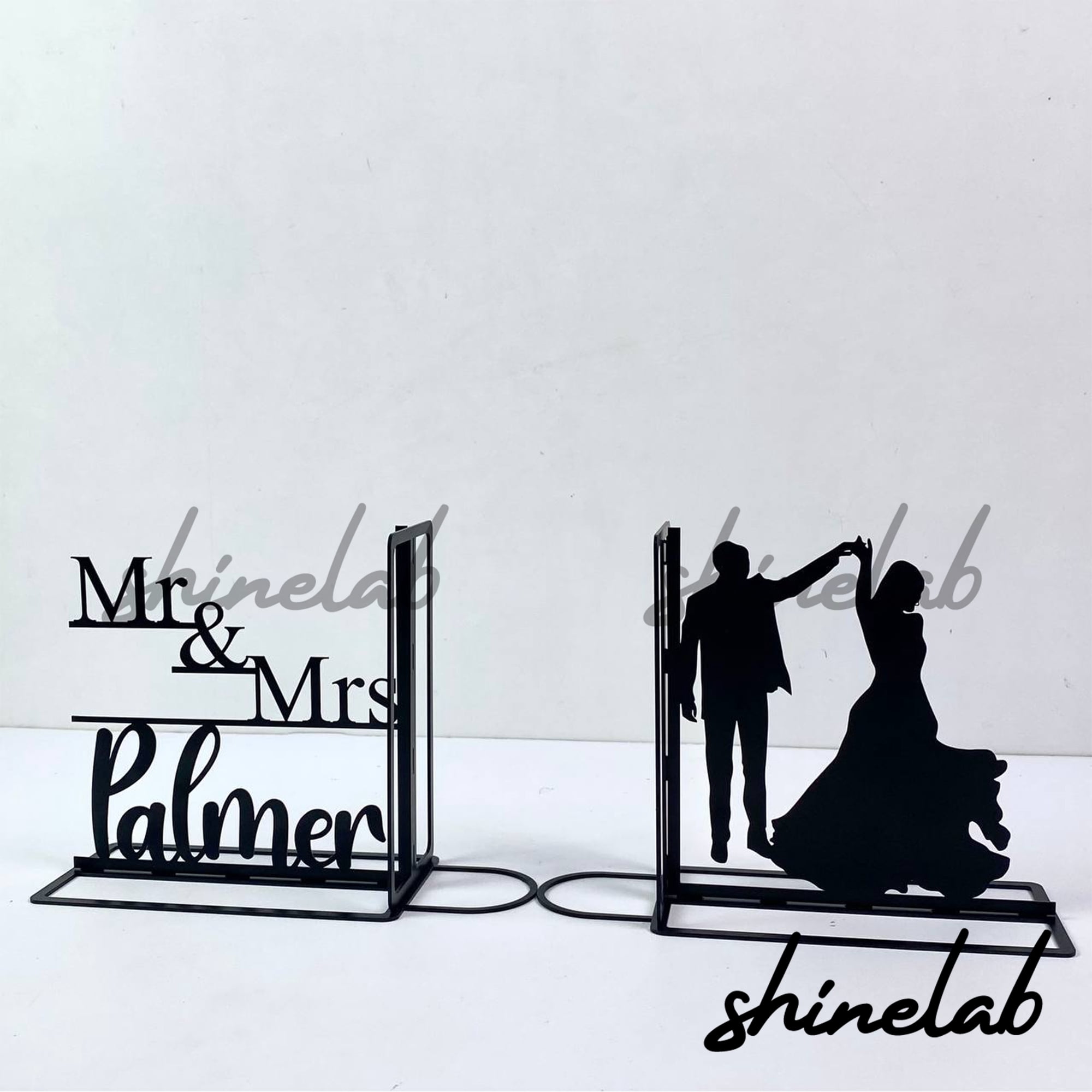 Shinelab Couple Wedding Metal Bookends Custom Couple Name Bookend Gift Marriage Desk Bookshelf Decor 6665