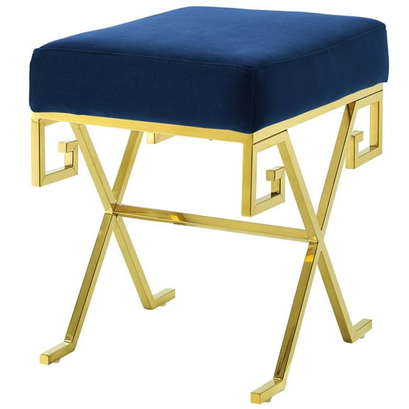 Modern Deco Contemporary Urban Design Living Room Lounge Club Lobby Accent Chair Bench, Velvet Fabric Metal Steel, Gold Navy