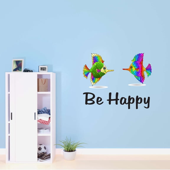 Fish Wall Decal Be happy Motivational Quote Vinyl Living Room Decor Adorable Quote Bedroom Decoration - Size: 40 In X 32 In