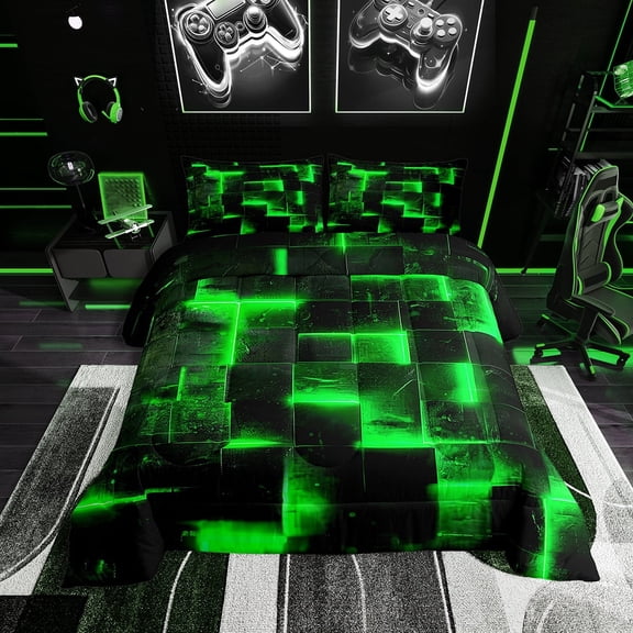 Erosebridal Black and Green Comforter Set King Modern Abstract King Bedding, 3D Glowing Plaid Bedding Comforter Sets Gradient Grid Duvet, Neon Square Quilted Comforter 3 Piece (Black Reversible)