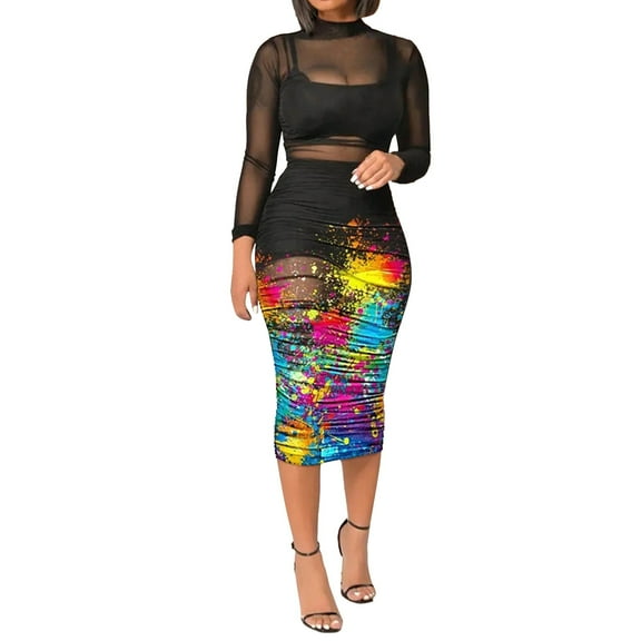 BJUTIR Dresses For Women 3Pcs Crop Top Short Skirt Set With Tropical Print Sheer Mesh Bodycon Long Dress