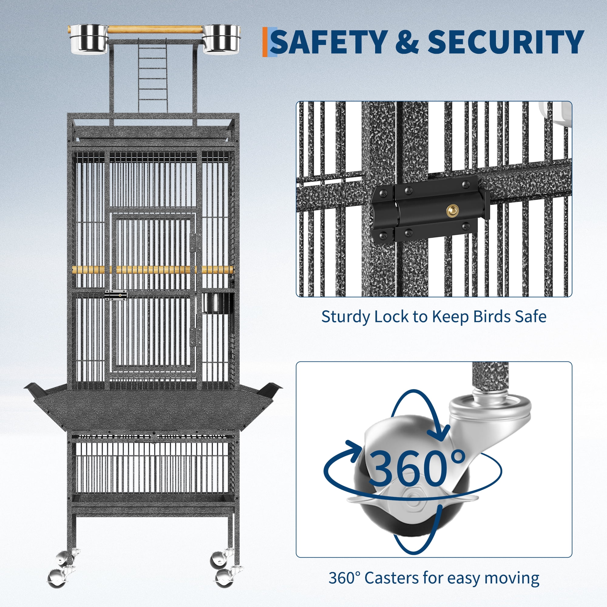 61" Cockatiel Cage, Flight Cage with Rolling Stand, Play Top & Bowls - Metal Large Bird Cages for Parakeets, Conures, Parrots - Exploding Silver