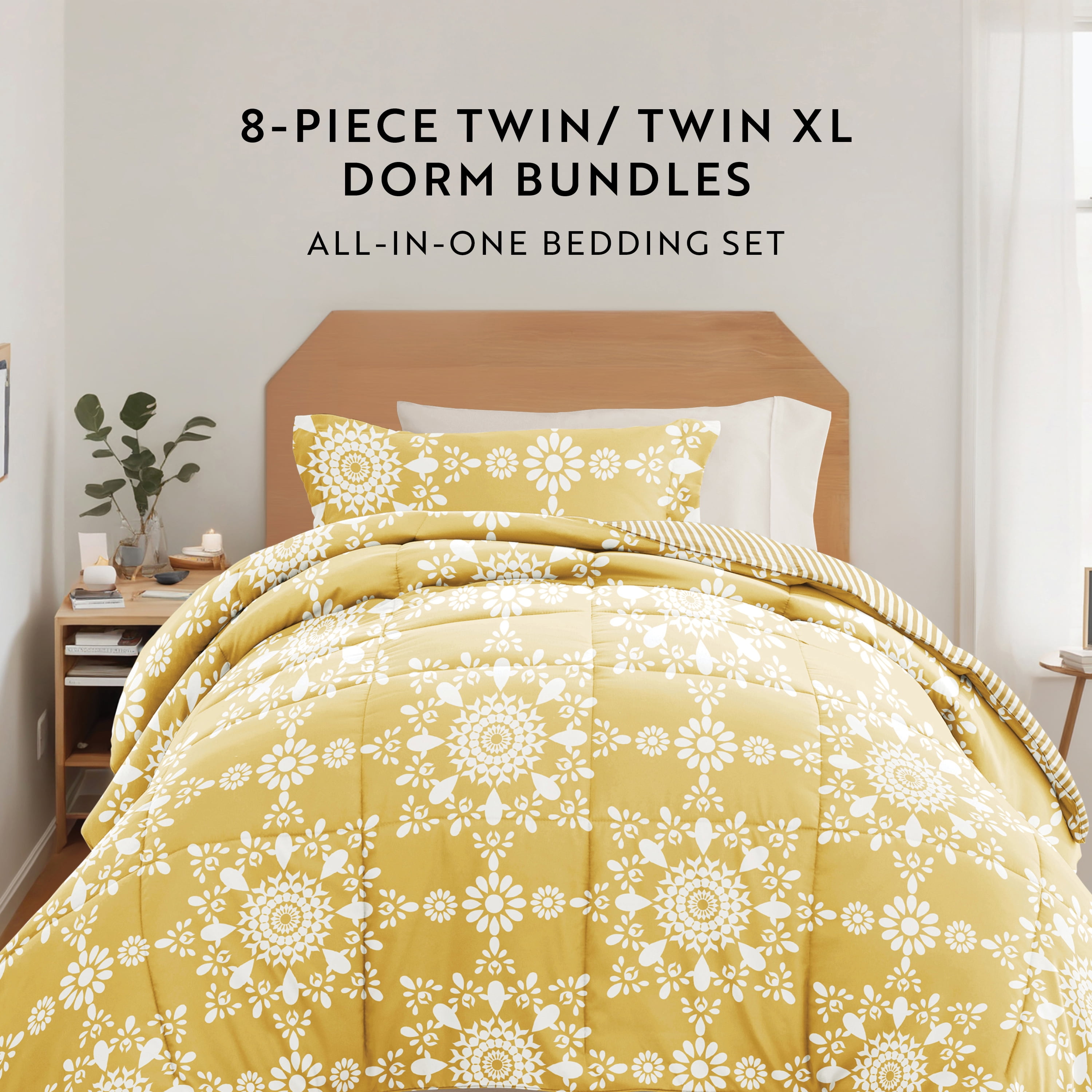 Noble Linens 8 Piece Dorm Bedding Bundle, Comforter & Sheet Set, Pillows, Laundry Bag