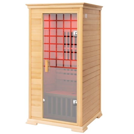 Indoor Sauna Room 1 Person, 1600W Hemlock Wood, Glass Door, Red LED Lights and Bluetooth, Size: 37.1 x 35.8 x 74 inches