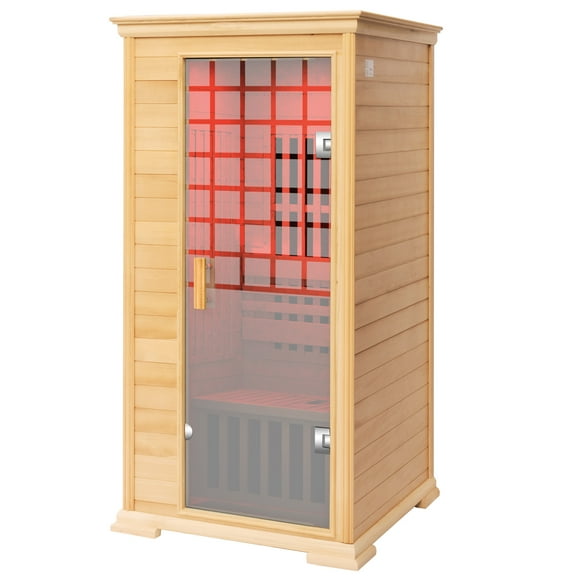 Indoor Sauna Room 1 Person, 1600W Hemlock Wood, Glass Door, Red LED Lights and Bluetooth, Size: 37.1 x 35.8 x 74 inches