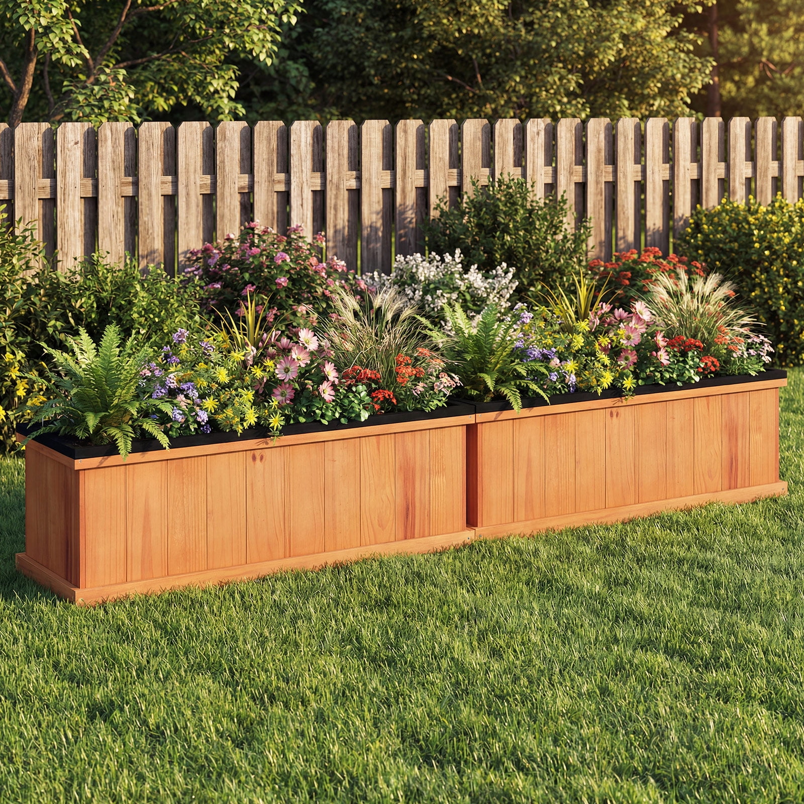 Costway 2 PCS Wood Raised Garden Bed with Drainage Holes, Liner for Flowers Vegetables Herbs