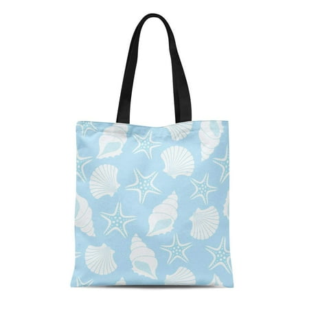 Blue Oyster Pearls ASHLEIGH Canvas Bag Resuable Tote Grocery Shopping Bags Blue Shell Pattern with Seashells and Starfish Oyster Pearl Sand Underwater Aqua Tote Bag ()