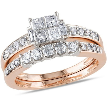 1 Carat T.W. Princess-, Baguette- and Round-Cut Diamond 14kt Rose Gold Bridal Set