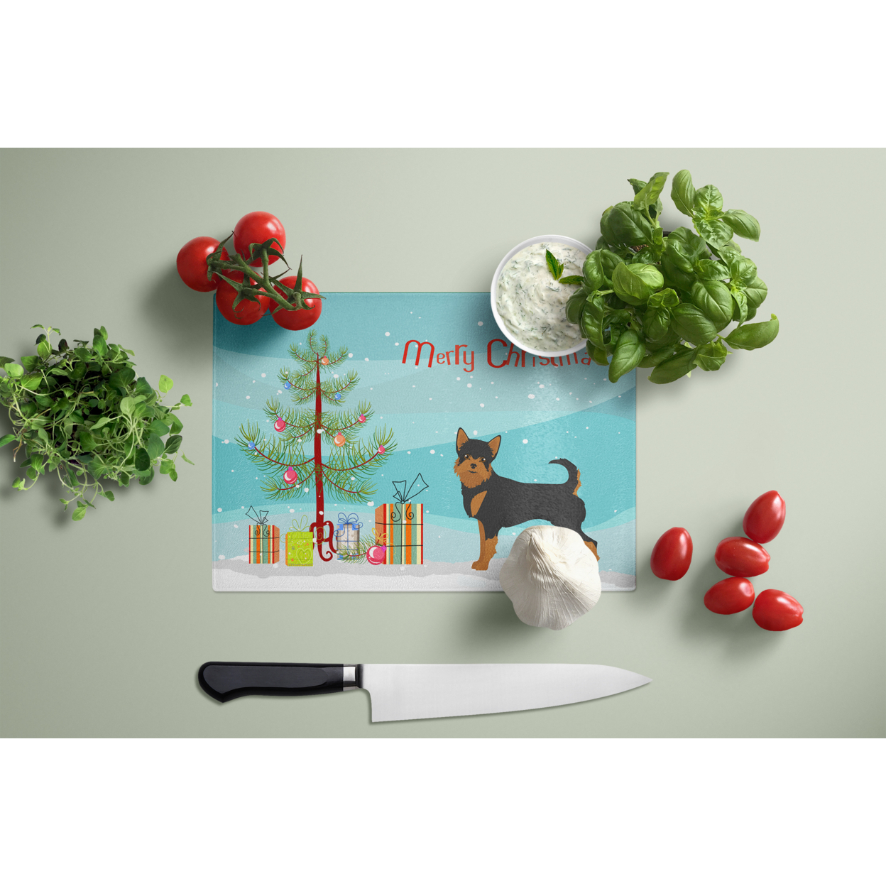 Caroline's Treasures CK3817LCB Black and Tan Chorkie Christmas Tree Glass Cutting Board Large, 12H x 16W, multicolor