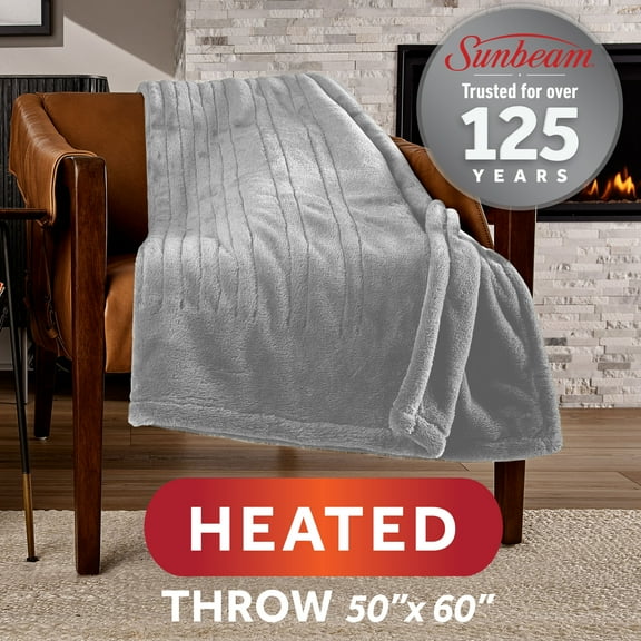 Sunbeam Heated Throw Blanket Faux Fur Gray 3 Heat Settings 3-Hour Auto Shut Off 50"x60"