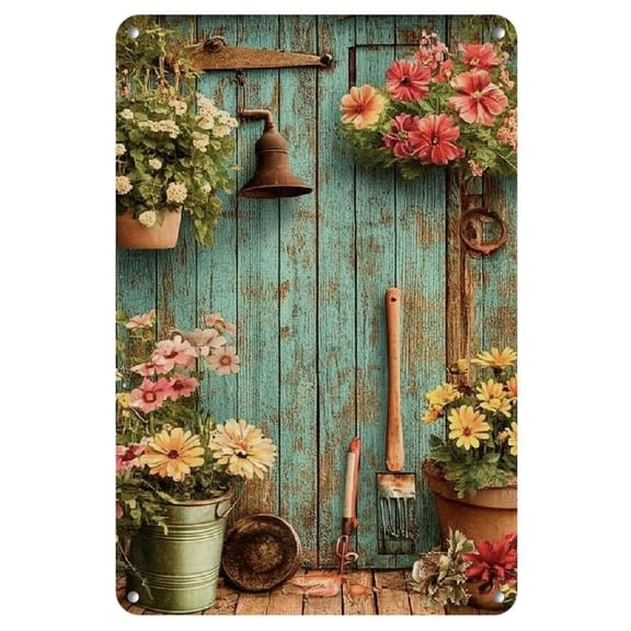 1pc Rustic Vintage Garden Theme Iron Metal Tin Sign, Floral and Tools Wall Art, 8x12 Inches, Classic Weathered Look, Indoor/Outdoor Home Decor for Kitchen, Garden, or Living Room