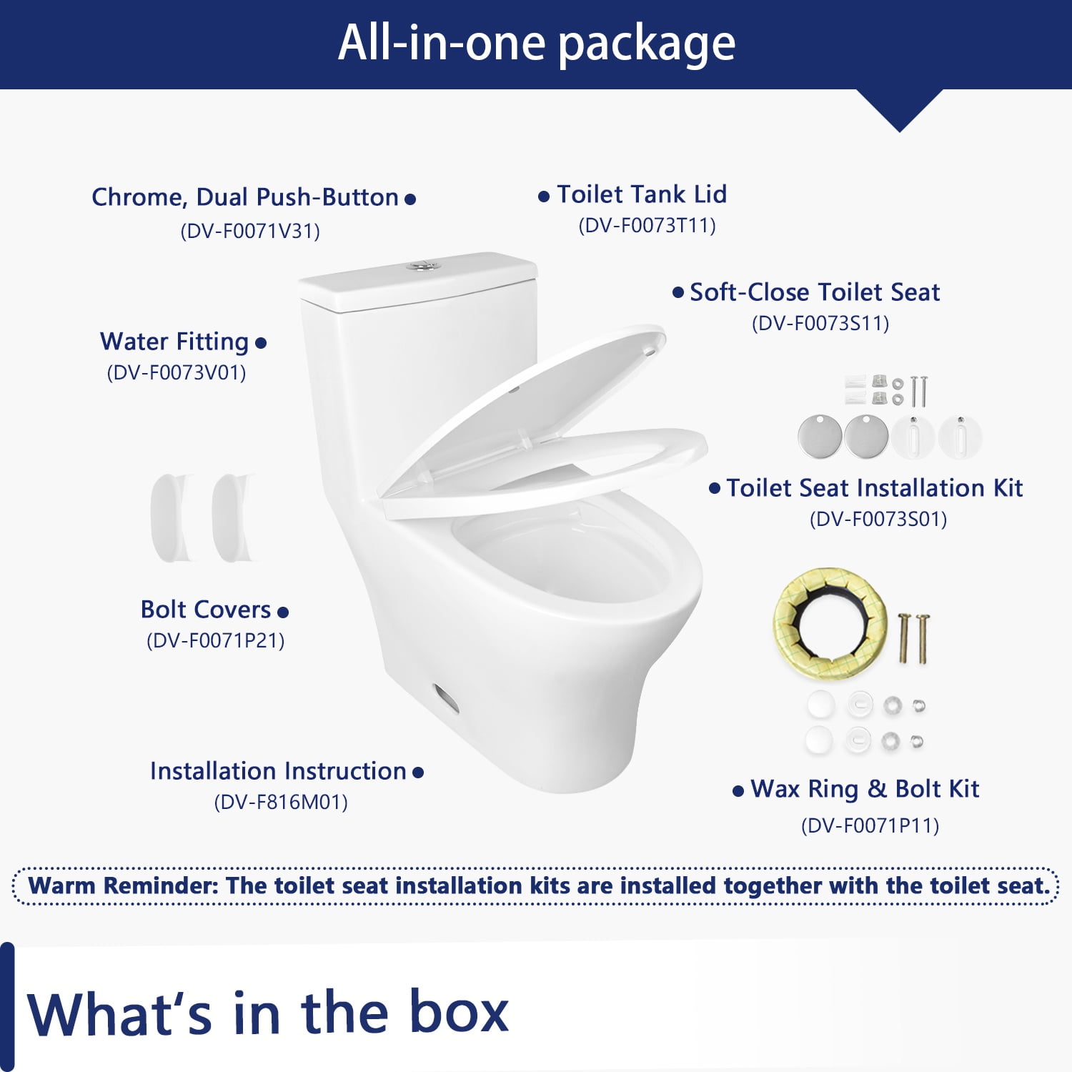 DV-1F0073 Ally Bathroom Toielt, One-Piece Toielt Dual-Flush Elongated Floor Mounted Toilet with White Glazed Surface(Seat Included)
