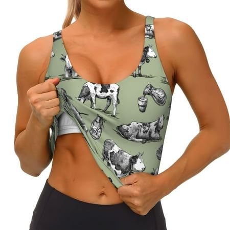 Qokaie Farm Cows Pattern Womens Scoop Neck Sports Bra Breathable Workout Vest Padded U Back Medium Impact Fitness Gym Yoga Bra Workout Crop Top