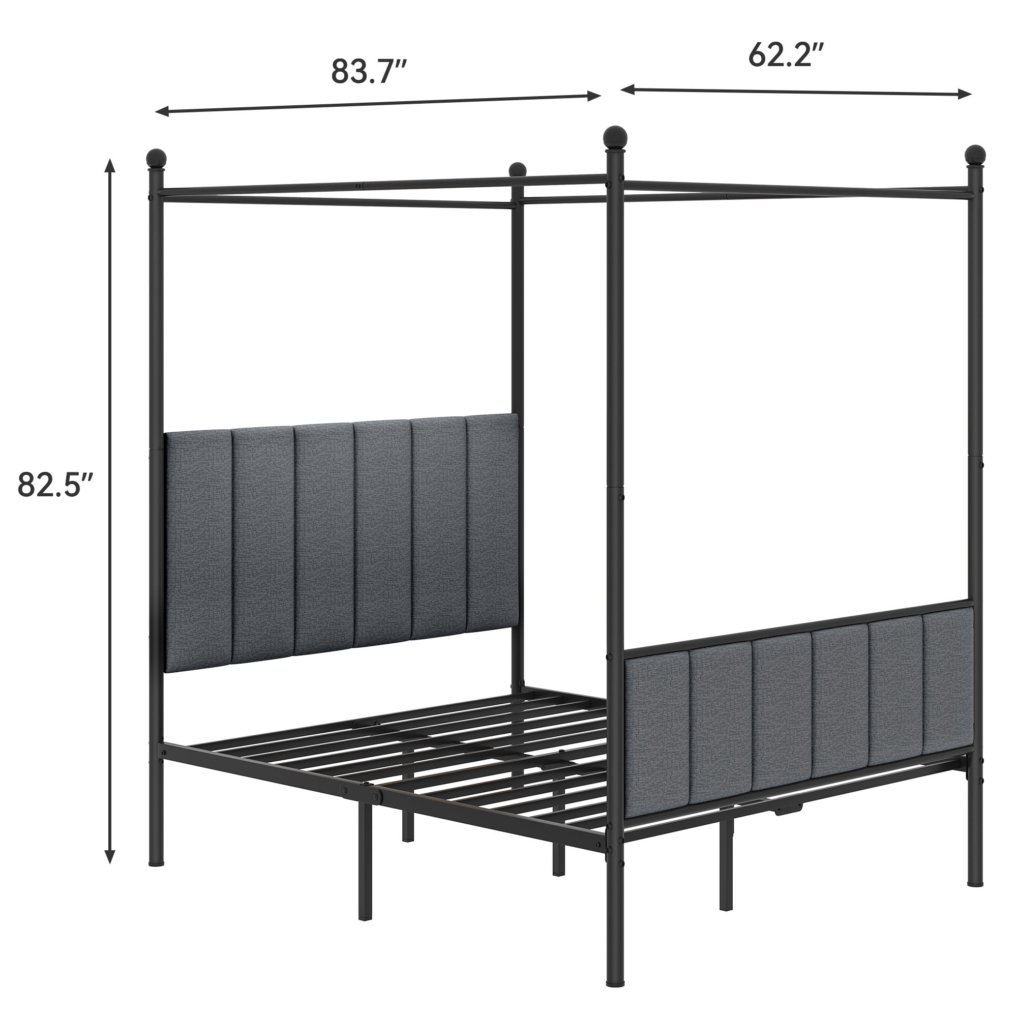 Dextrus Metal Canopy Bed Frame with Headboard Strong Metal Slat Support Mattress Foundation, No Box Spring Needed, Gray, Queen Size
