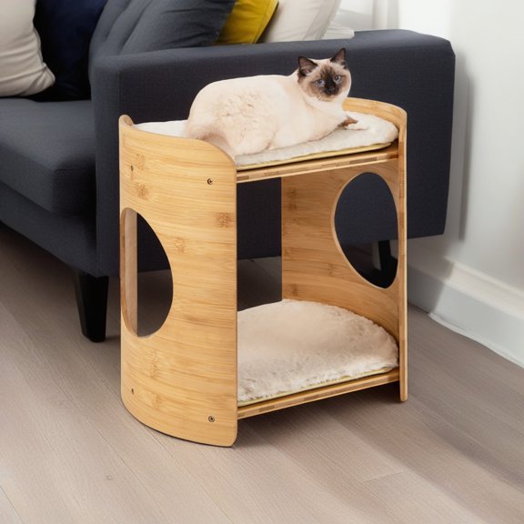 Demi Bonn 16" Cat House for Indoor Cats, Natural Bamboo Frame Cat Condo, 2-Tier Cute Small Cat Nest with Cat Cave, Beige