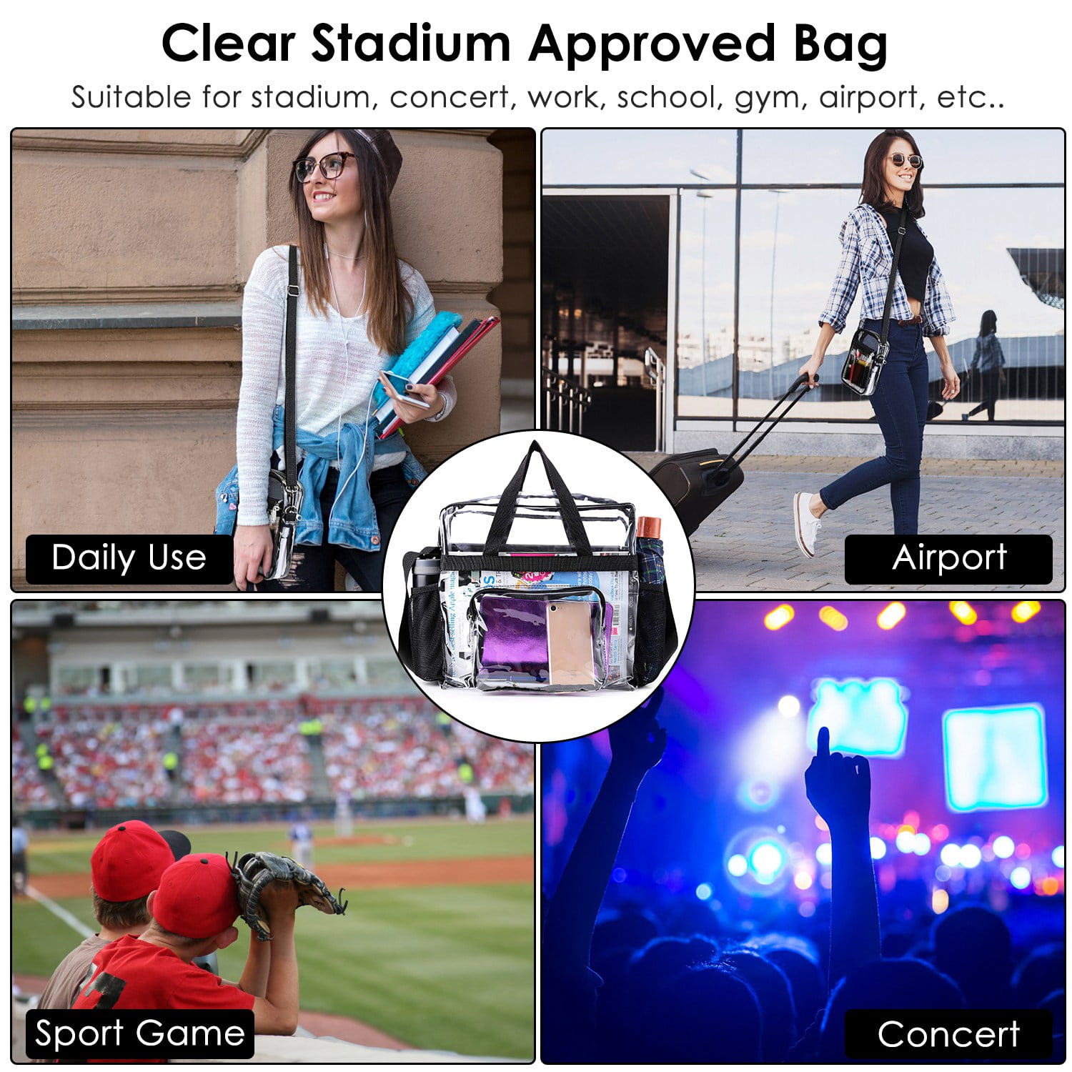 Clear Shoulder Bag Stadium Approved 12×8×11 Clear PVC Tote Lunch Bag with Adjustable Shoulder Strap for Work Travel Sporting Events