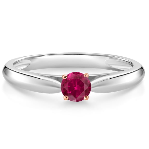 Gem Stone King 10K White and Rose Gold Red Created Ruby Solitaire Engagement Ring for Women (0.25 Cttw, Gemstone July Birthstone, Round 3.5MM, Size 9)