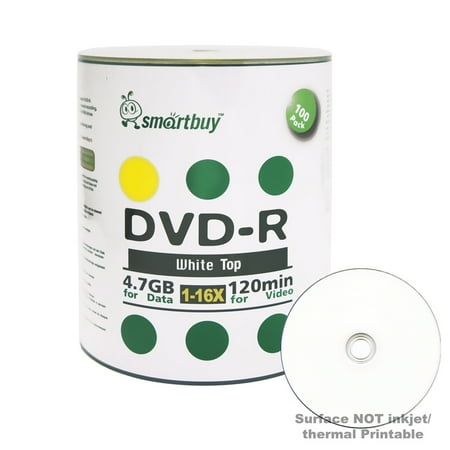 100 Pack Smartbuy 16X DVD-R 4.7GB 120Min White Top (Non-Printable) Data Blank Media Recordable Disc