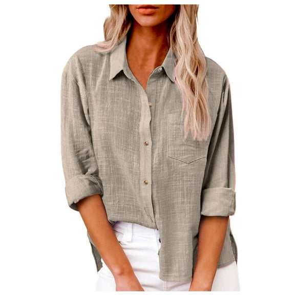 Button Down Shirts for Women Cotton Linen Long Sleeve Collared Blouses Side Slit Dressy Casual Business Work Tops with Pockets