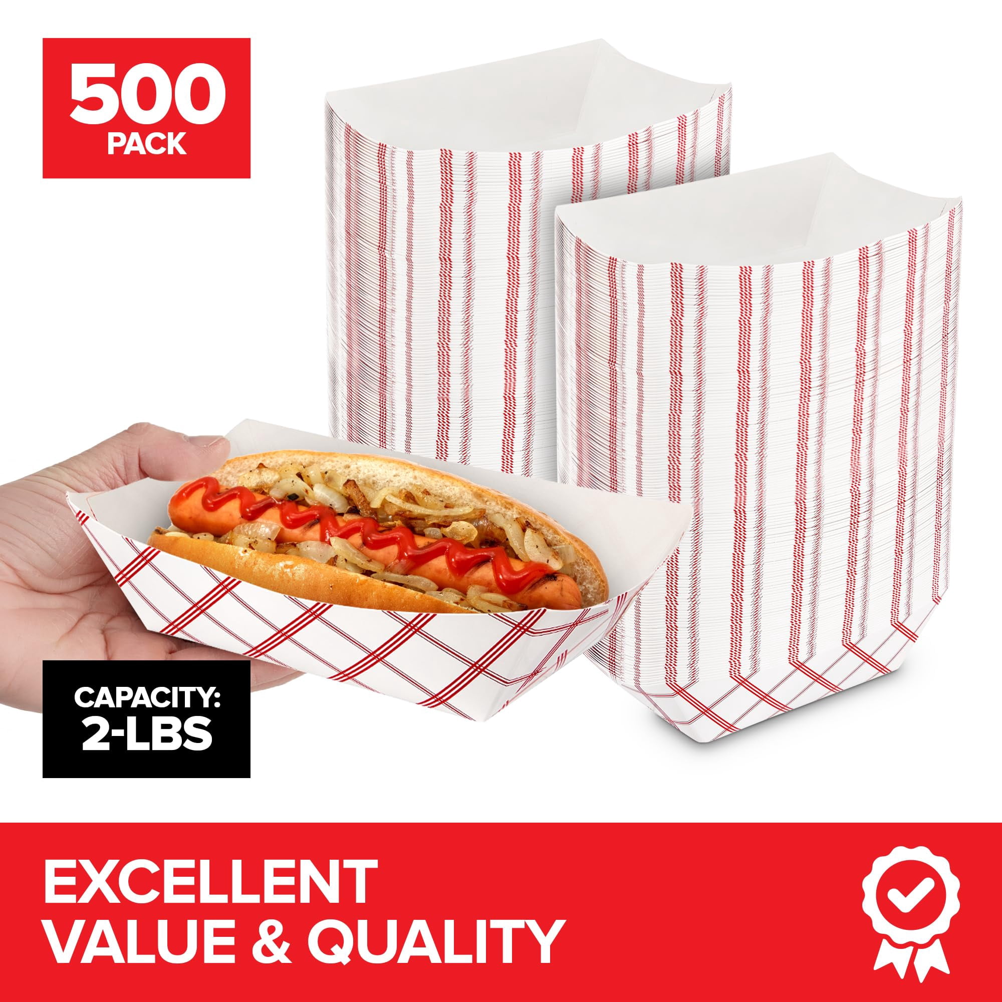 Paper Food Boats (500 Pack) 2 Lb Disposable Red & White Checkered