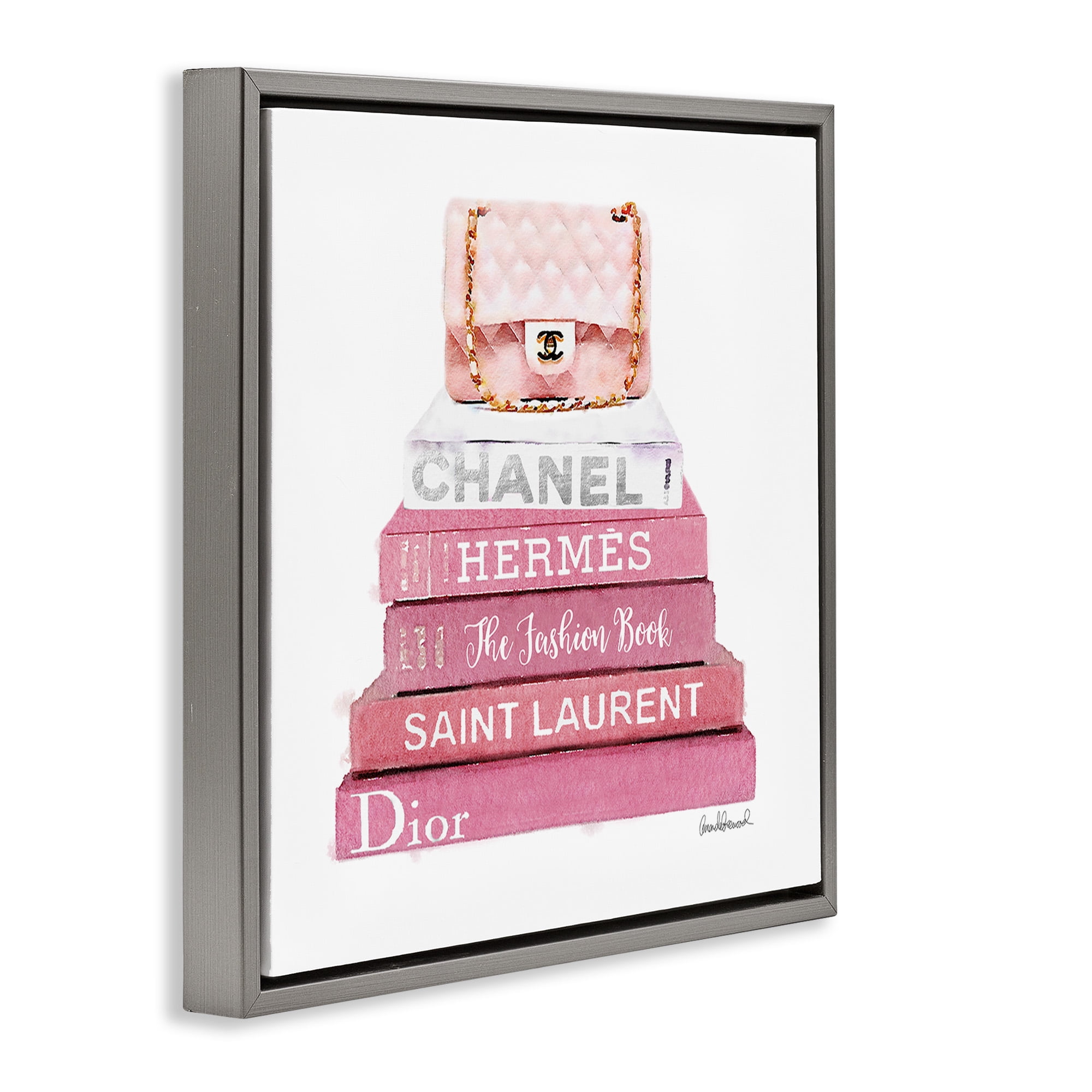 Stupell Industries Pink Book Stack Fashion Handbag Beauty & Fashion Painting Gray Floater Framed Canvas Art Print Wall Art, 25 x 25