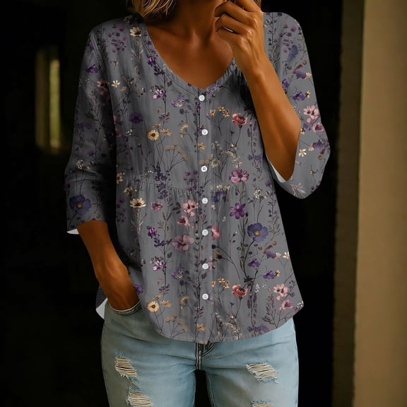 Favoffer Womens Button Down Shirts V Neck 3/4 Sleeve Printed Loose Fit Casual Blouses Lightweight Tops for Office Daily Outing Weekend Weekend Shopping