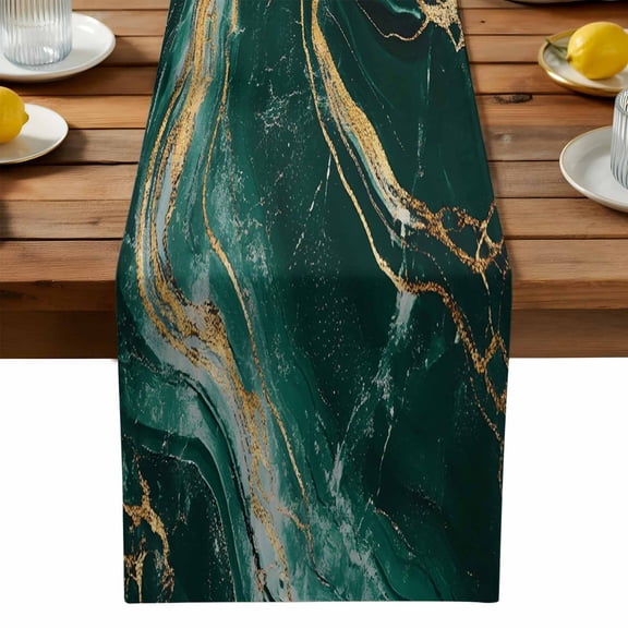 Green Gold Marble Table Runner, Bronzing Modern Abstract Art Kitchen Table Runners Dress Scarves for Table Decorations Party/Restaurant/Indoor Outdoor Use, 13x72in
