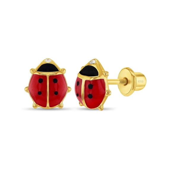 Enamel Ladybug Red Kids Earrings Screw Back - 14k Gold over Sterling Silver
