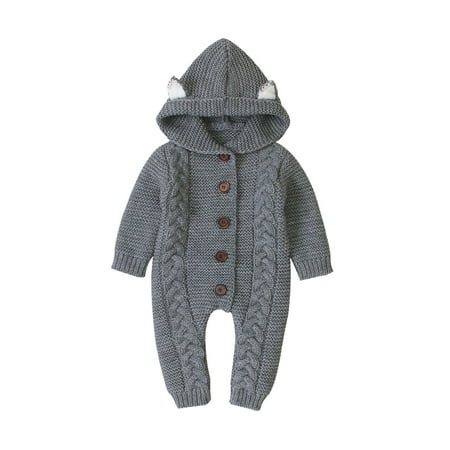 

Little Girl Onesies Baby Boys Girls Solid Color Two Bodysuit Sweater Suit Keep Warm Knit Hoodie Romper Sweater Jumpsuit
