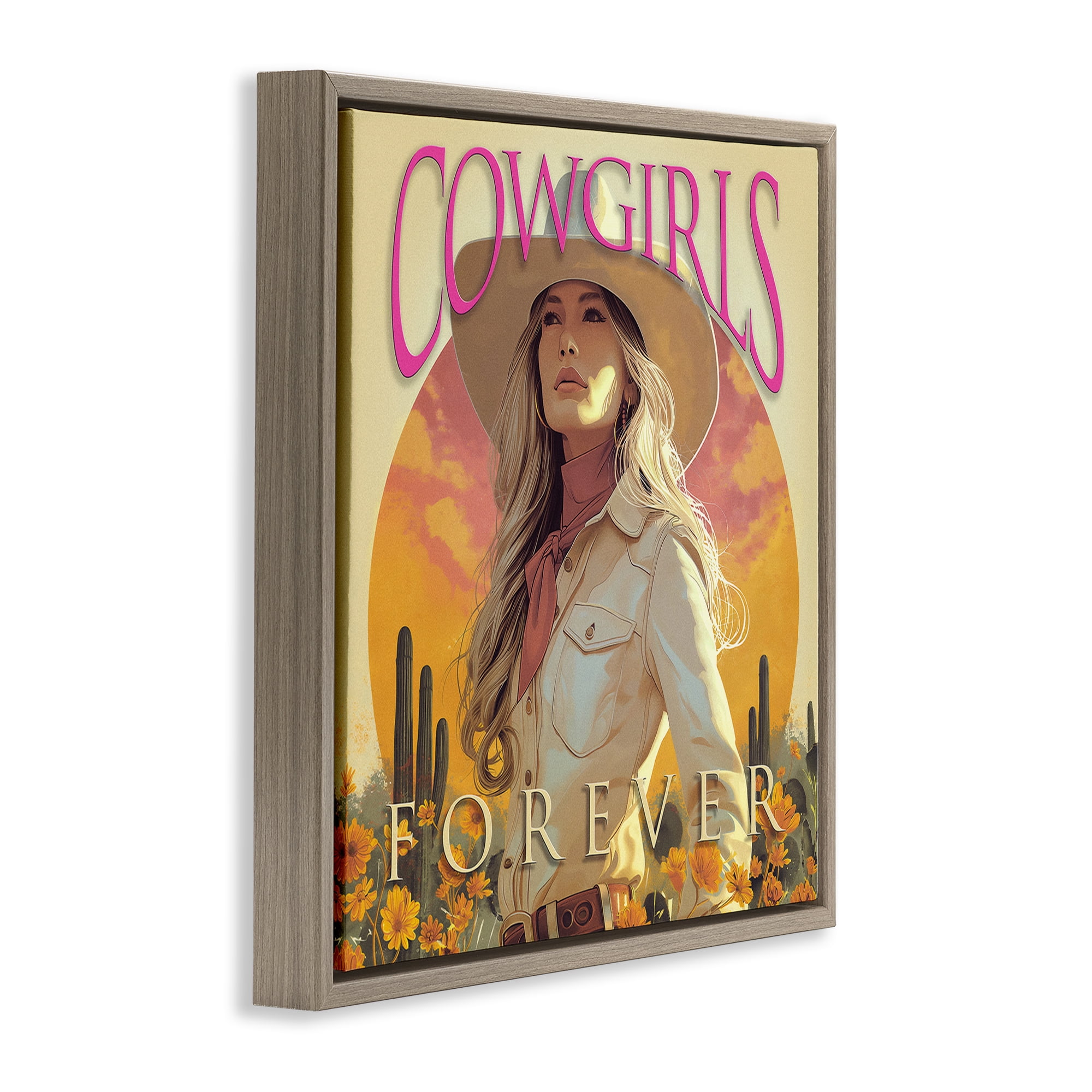 Stupell Industries Cowgirls Forever Portrait People Painting Brown Floater Framed Canvas Art Print Wall Art, 18 x 18