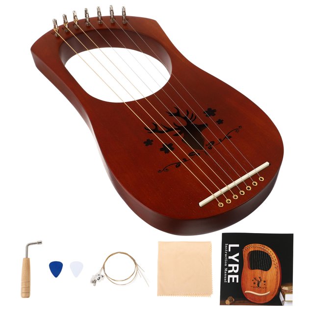 OULII 1Set Handheld Wooden 7 String Harp with Coffee Wood and Extra Harp Picks
