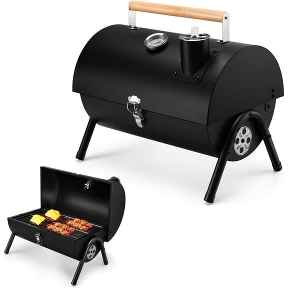 Portable Charcoal Grill with Thermometer, Small Tabletop Barbecue Grill for Outdoor Camping Backyard Party BBQ Cooking, Extra Thick Steel & Heavy Duty, Innovative Design & Easy Assembly
