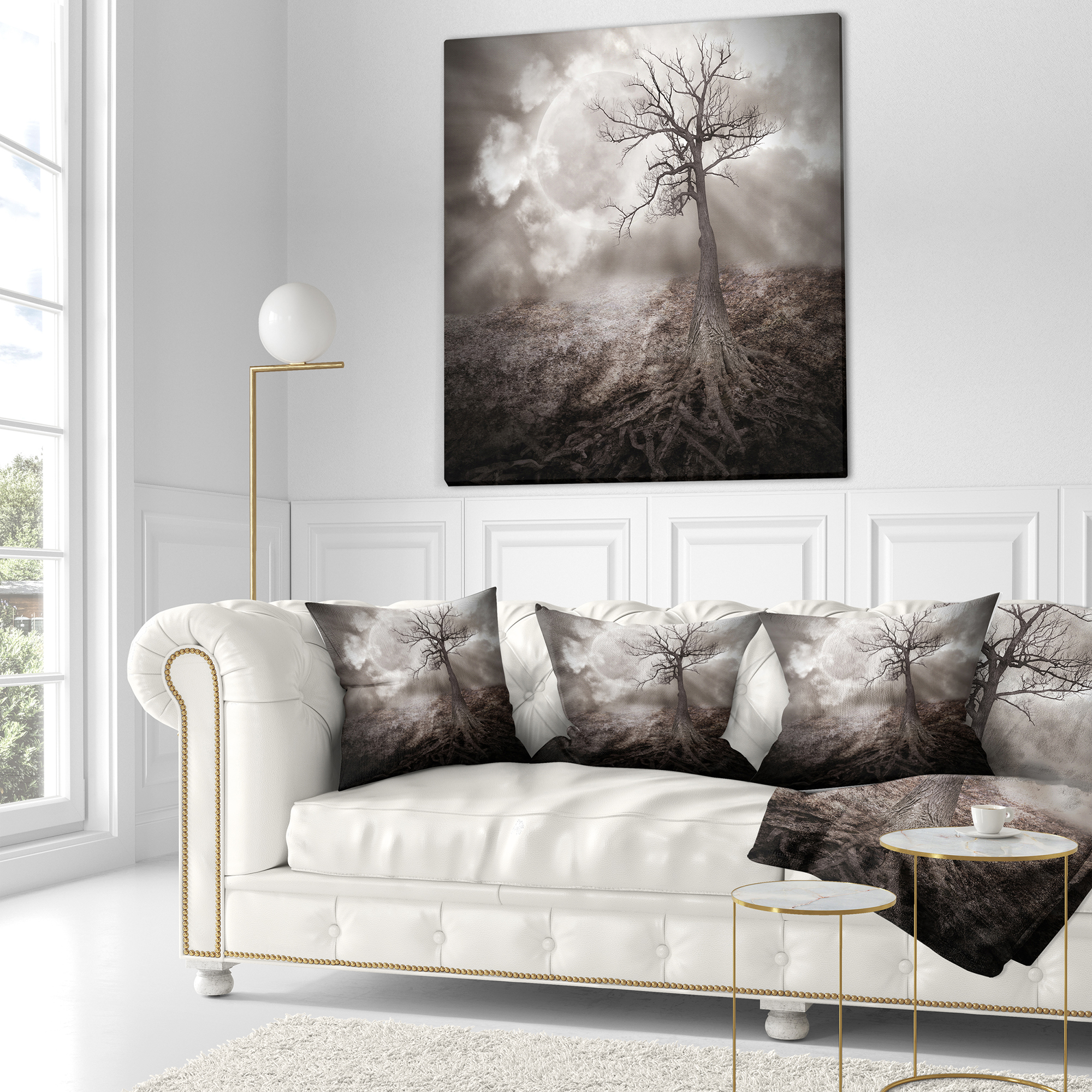 Designart Lonely Tree Holding the Moon - Landscape Printed Throw Pillow - 18x18