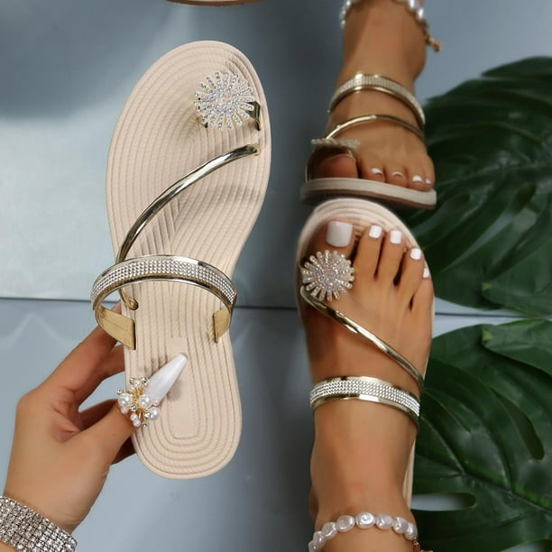 Cameland Women Summer Clip Toe Shoes Rhinestone Flats Casual Beach