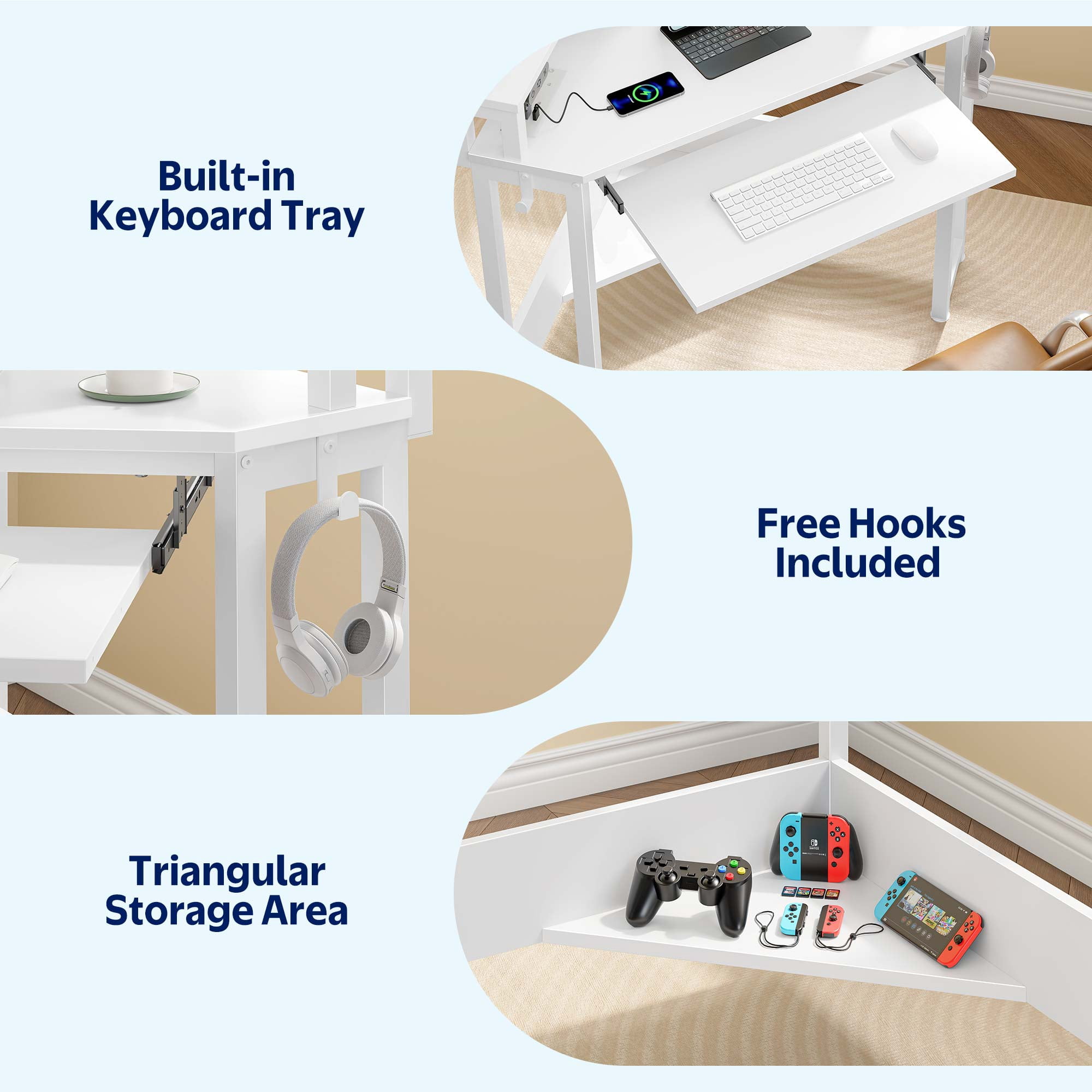 Greenstell Corner Office Gaming Desk 44.5 Inches L-Shaped Computer Desk with Charging Hub & Ergonomic Stand for Small Spaces, White