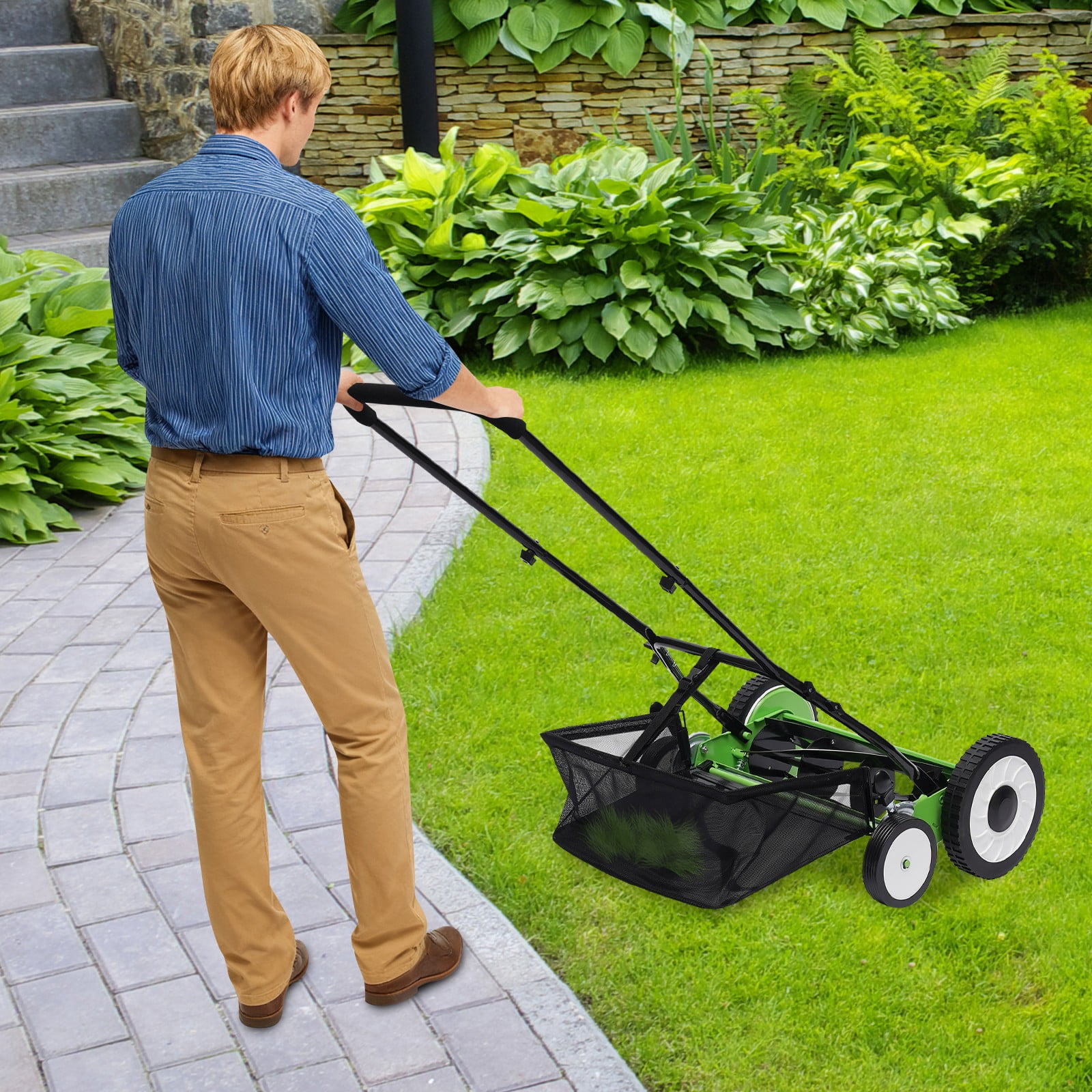 16-Inch 5-Blade Cordless Manual Reel Lawn Mower, Adjustable Cutting/ Handle Height Grass Cutter Green