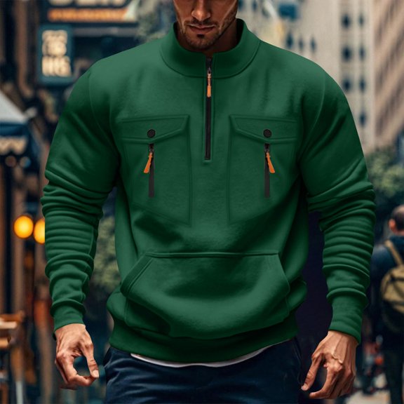Men's Soild Color Quarter Zip Pullover, Mock Neck Fleece Sweatshirt with Zipper Chest Pocket, Casual Long Sleeve Lightweight Slim Fit Sweatshirt for Fall Winter Blackish Green L