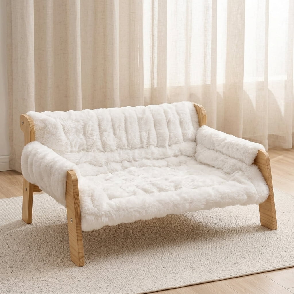 White Elevated Solid Wood Cat Couch Bed For Indoor Cats and Small Dogs