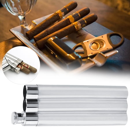 LAZIOEGR Premium Stainless Steel Hip Flask and Cigar Holder Humidor Tube Portable 2 oz Liquor Flask with 2-Slot Travel Cigar Case for 50/64 inch Rings 8.3 x 2.5 x 0.9 inches / 21 x 6.4 x 2.3 cm